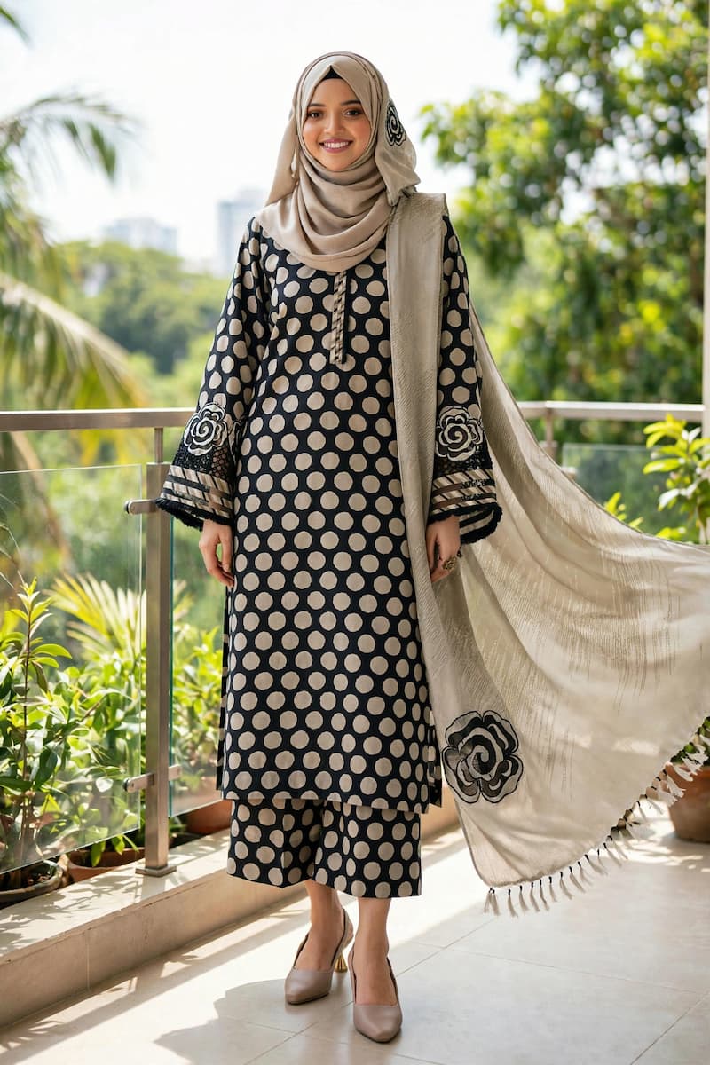 Gulnahar Premium 3 Piece Set – Silk Cotton Mix Kameez, Orna & Trouser