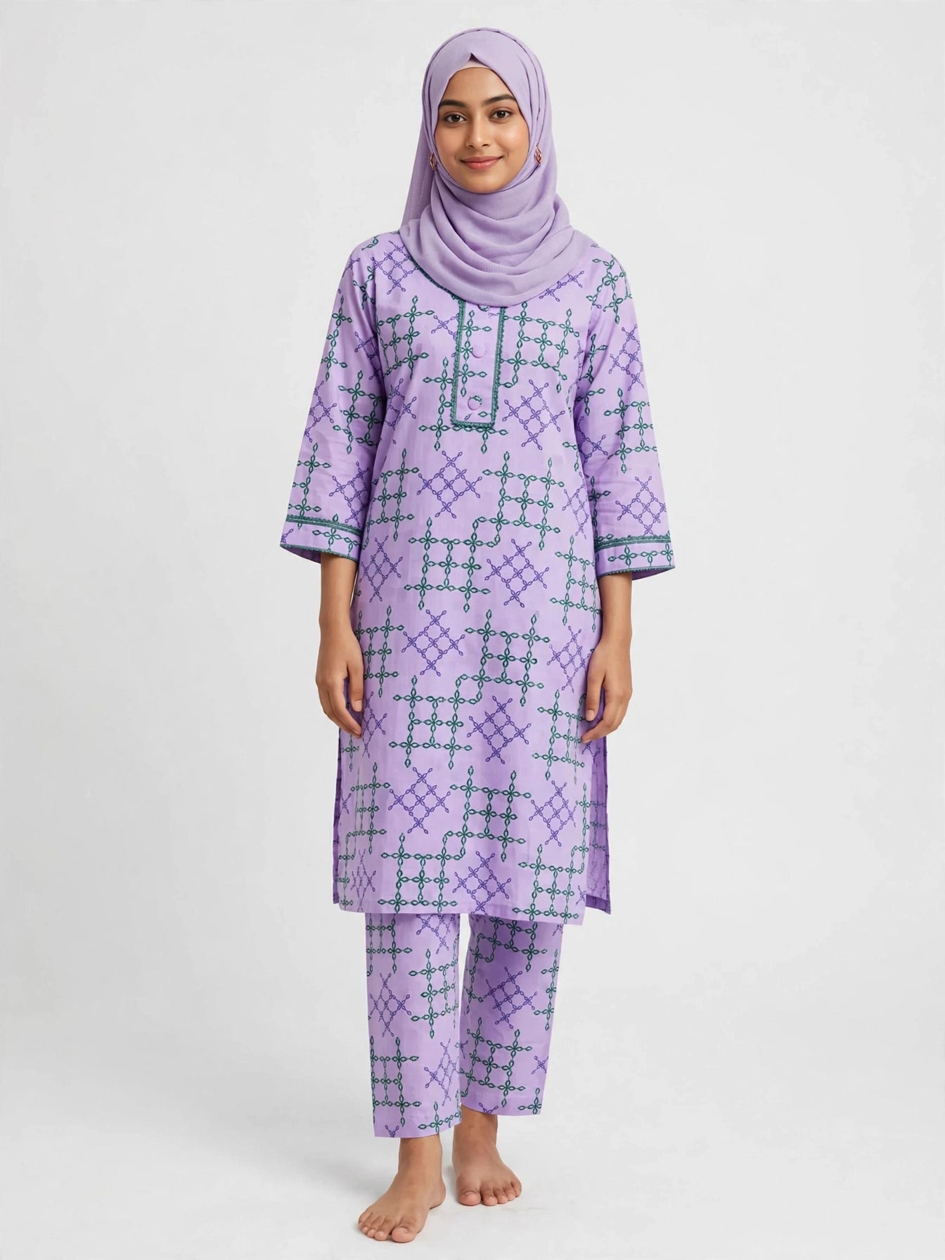Gulnahar Lilac Trellis – Geometric Printed 2 Piece Set, Premium Cotton