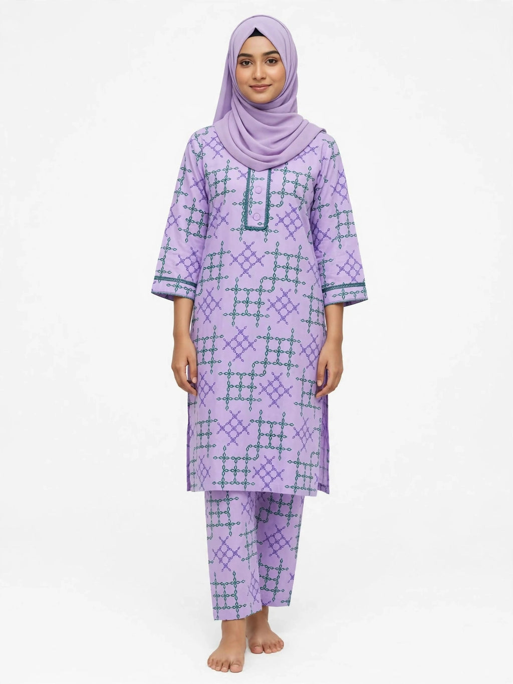 Gulnahar Lilac Trellis – Geometric Printed 2 Piece Set, Premium Cotton