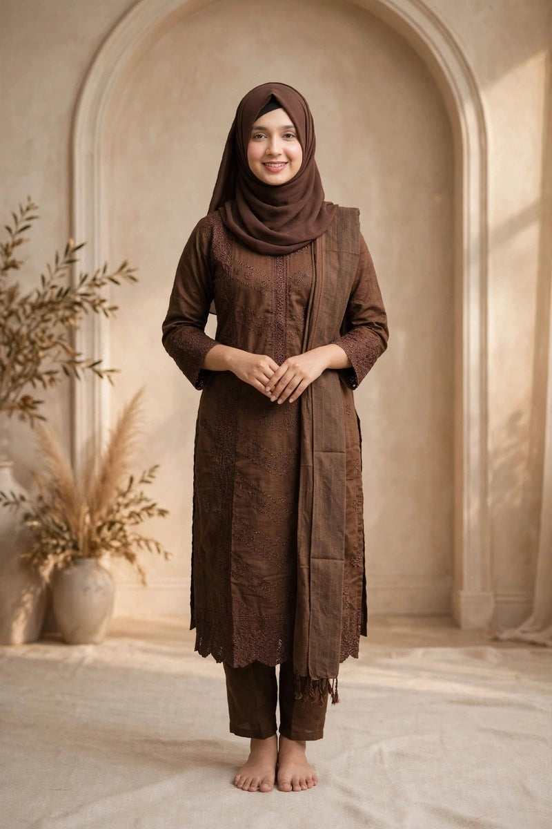 Gulnahar Chocolate Brown Embroidered 3 Piece Set – Premium Cotton Kameez, Orna & Trouser