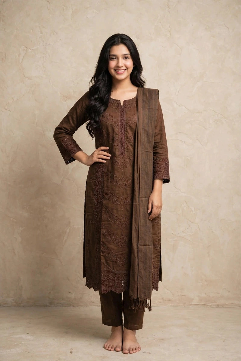 Gulnahar Chocolate Brown Embroidered 3 Piece Set – Premium Cotton Kameez, Orna & Trouser