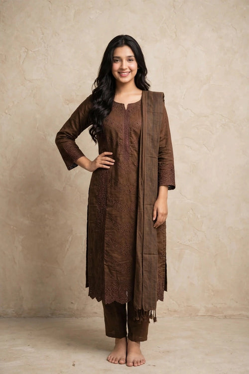 Gulnahar Chocolate Brown Embroidered 3 Piece Set – Premium Cotton Kameez, Orna & Trouser