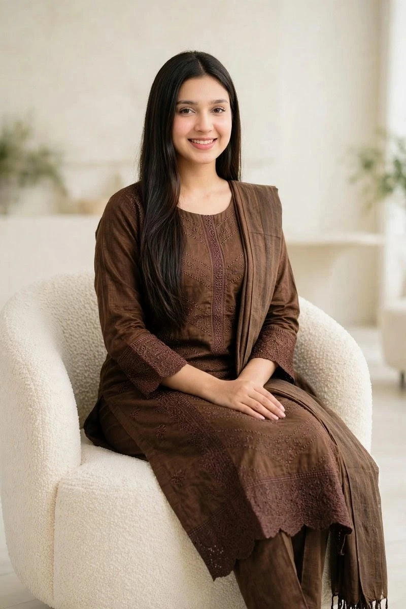 Gulnahar Chocolate Brown Embroidered 3 Piece Set – Premium Cotton Kameez, Orna & Trouser