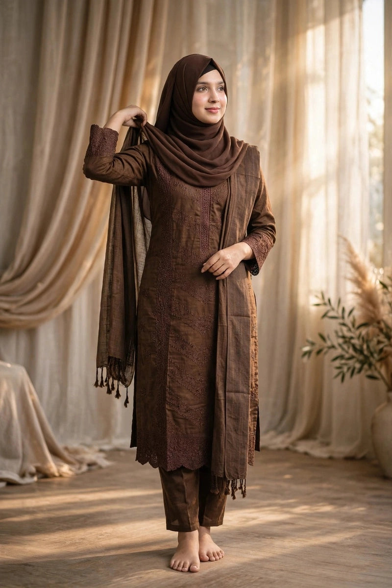 Gulnahar Chocolate Brown Embroidered 3 Piece Set – Premium Cotton Kameez, Orna & Trouser
