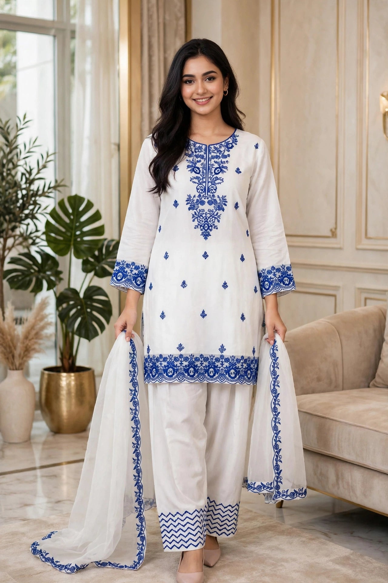 Gulnahar Onyx Garden – Black & Gold Embroidered Luxury 3 Piece Set, Premium Cotton