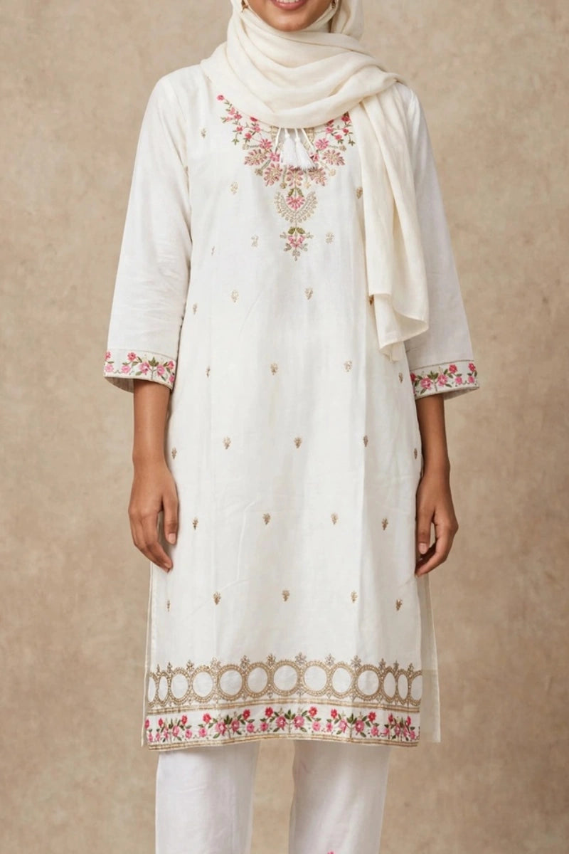Gulnahar Ivory Rosette – Floral Embroidered 2 Piece Set, Premium Cotton