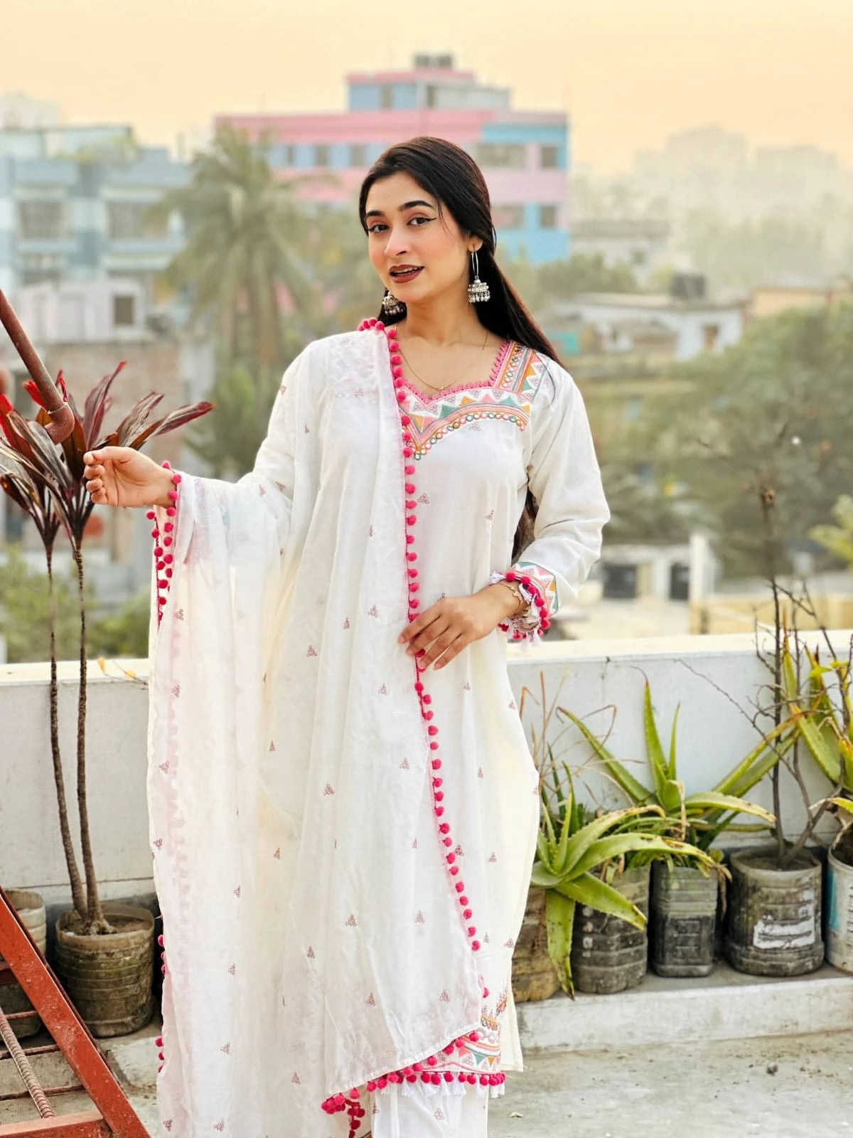 Gulnahar Ivory Bloom – Pom-Pom Garara Set, Premium Pure Cotton