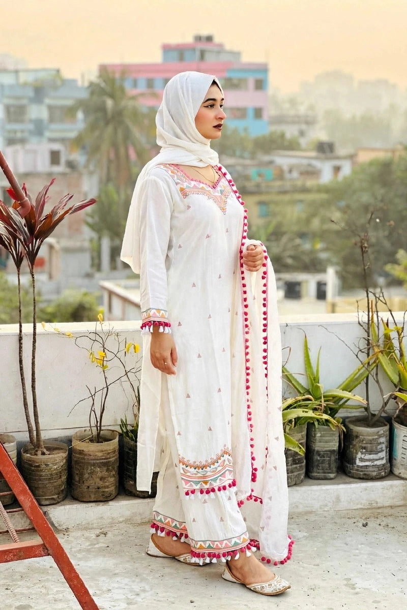 Gulnahar Ivory Bloom – Pom-Pom Garara Set, Premium Pure Cotton