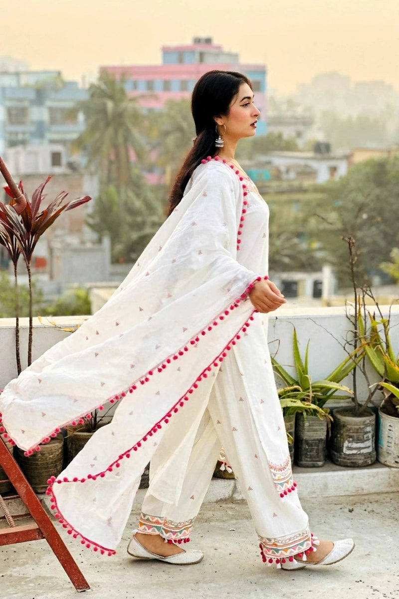 Gulnahar Ivory Bloom – Pom-Pom Garara Set, Premium Pure Cotton