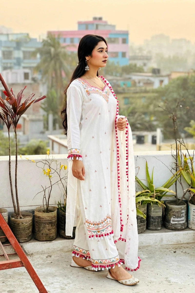 Gulnahar Ivory Bloom – Pom-Pom Garara Set, Premium Pure Cotton