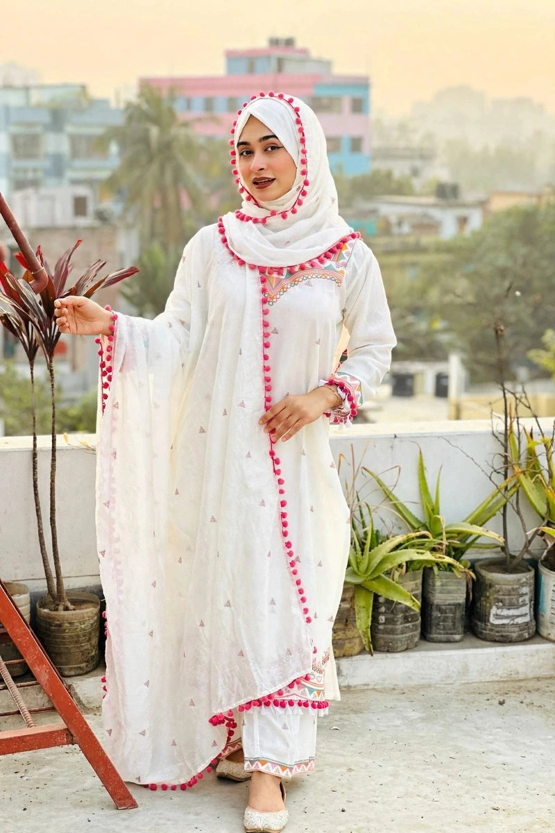Gulnahar Ivory Bloom – Pom-Pom Garara Set, Premium Pure Cotton