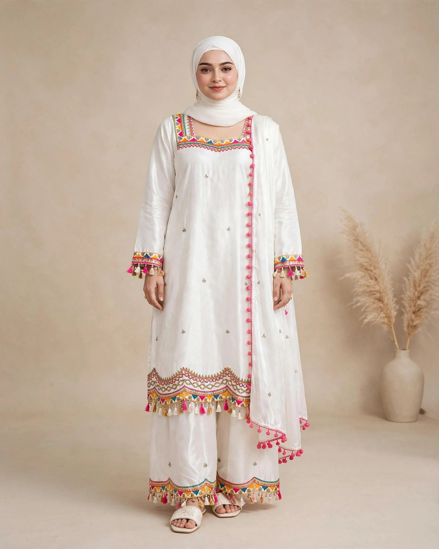 Gulnahar Ivory Bloom – Pom-Pom Garara Set, Premium Pure Cotton
