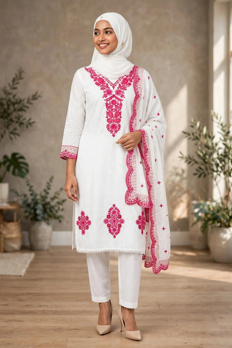 Gulnahar White Fairy – Pink Embroidered 3 Piece Set, Premium Cotton