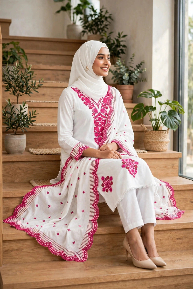 Gulnahar White Fairy – Pink Embroidered 3 Piece Set, Premium Cotton