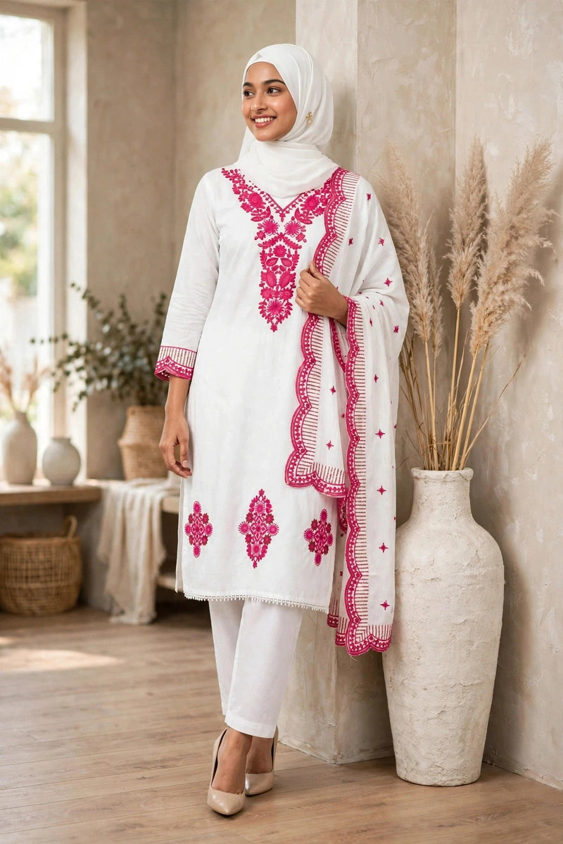 Gulnahar White Fairy – Pink Embroidered 3 Piece Set, Premium Cotton