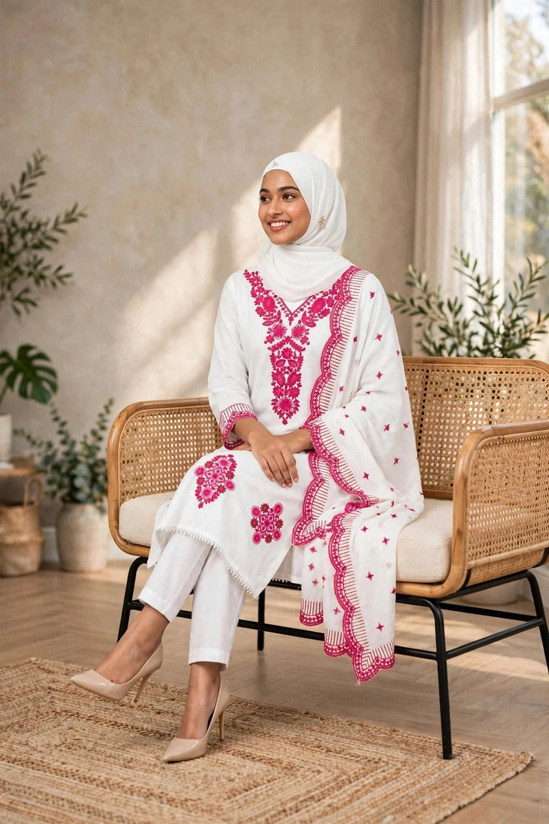 Gulnahar White Fairy – Pink Embroidered 3 Piece Set, Premium Cotton