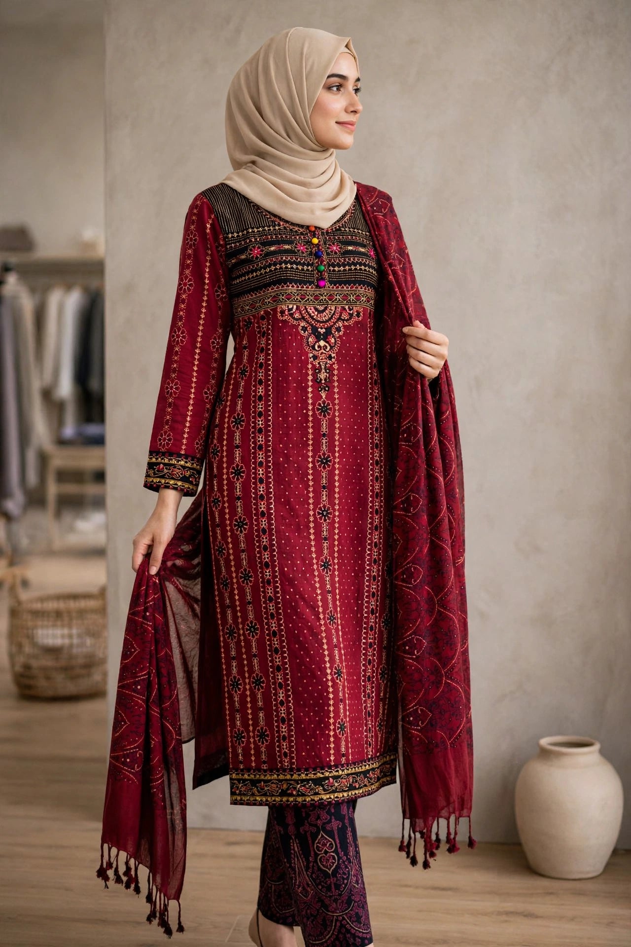 Gulnahar Maroon Embroidered 3 Piece Set – Premium Cotton Kameez, Orna & Trouser