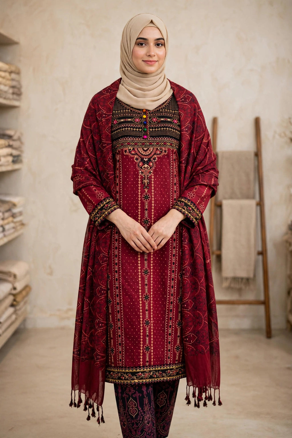 Gulnahar Maroon Embroidered 3 Piece Set – Premium Cotton Kameez, Orna & Trouser