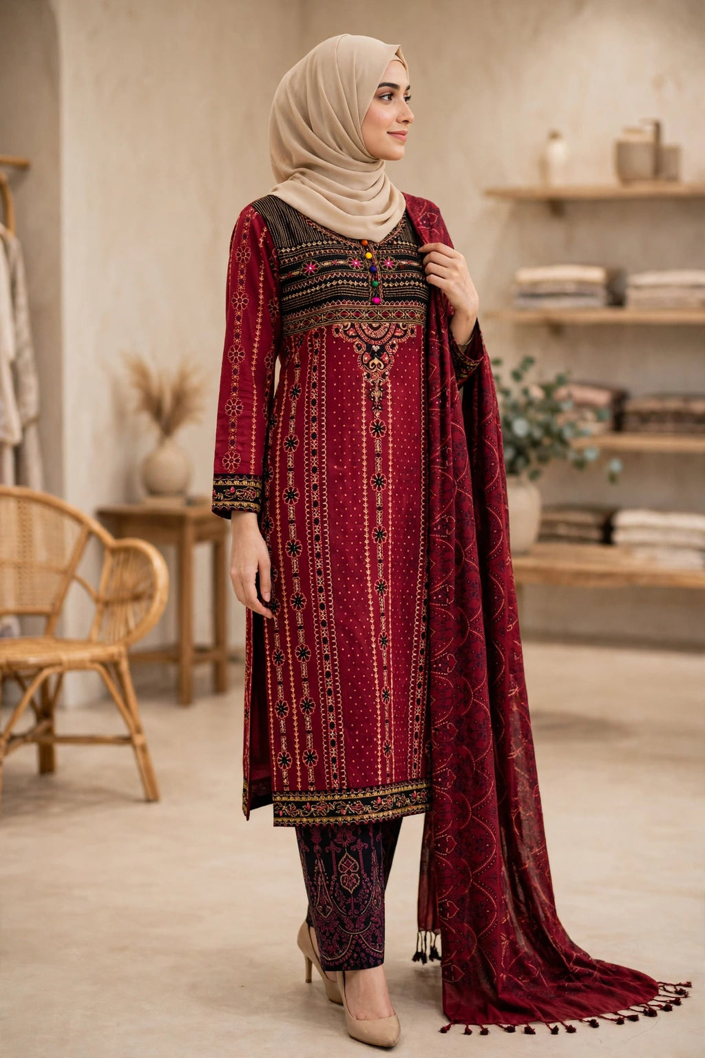Gulnahar Maroon Embroidered 3 Piece Set – Premium Cotton Kameez, Orna & Trouser