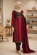 Gulnahar Maroon Embroidered 3 Piece Set – Premium Cotton Kameez, Orna & Trouser