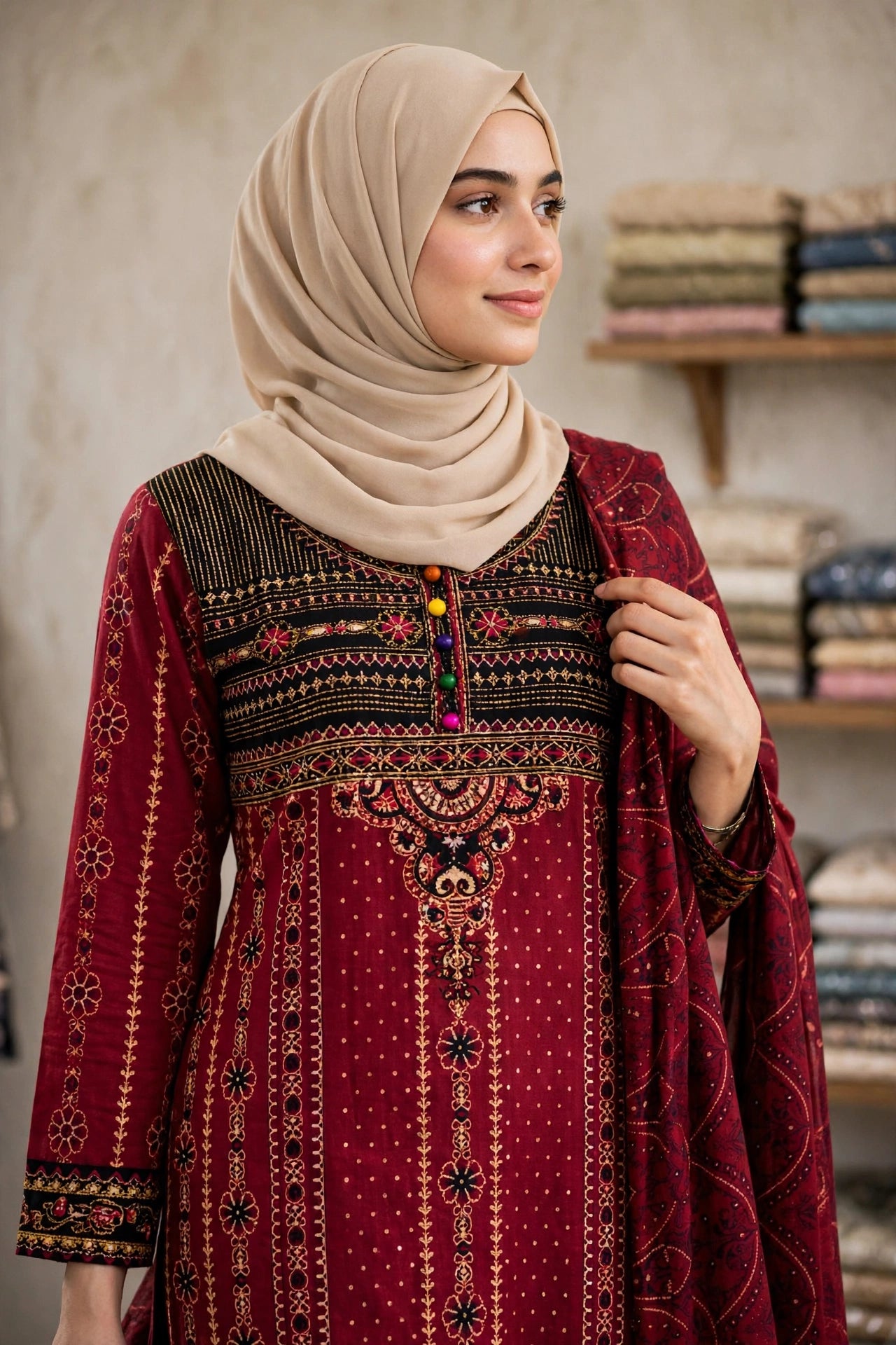 Gulnahar Maroon Embroidered 3 Piece Set – Premium Cotton Kameez, Orna & Trouser