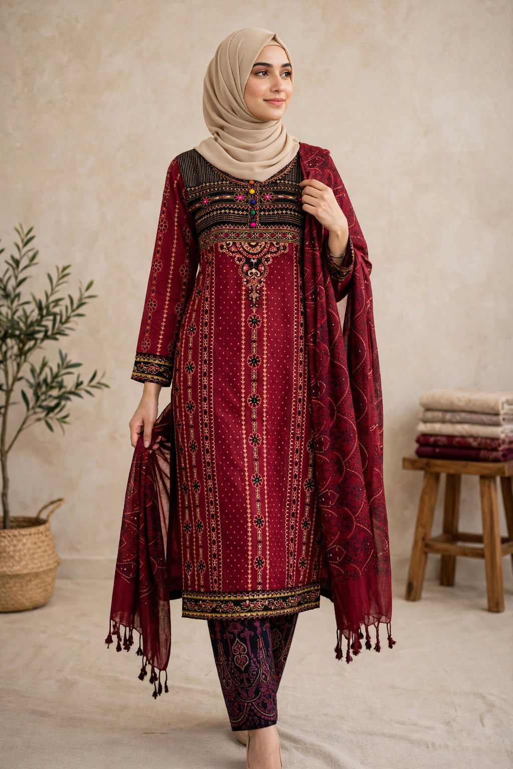 Gulnahar Maroon Embroidered 3 Piece Set – Premium Cotton Kameez, Orna & Trouser