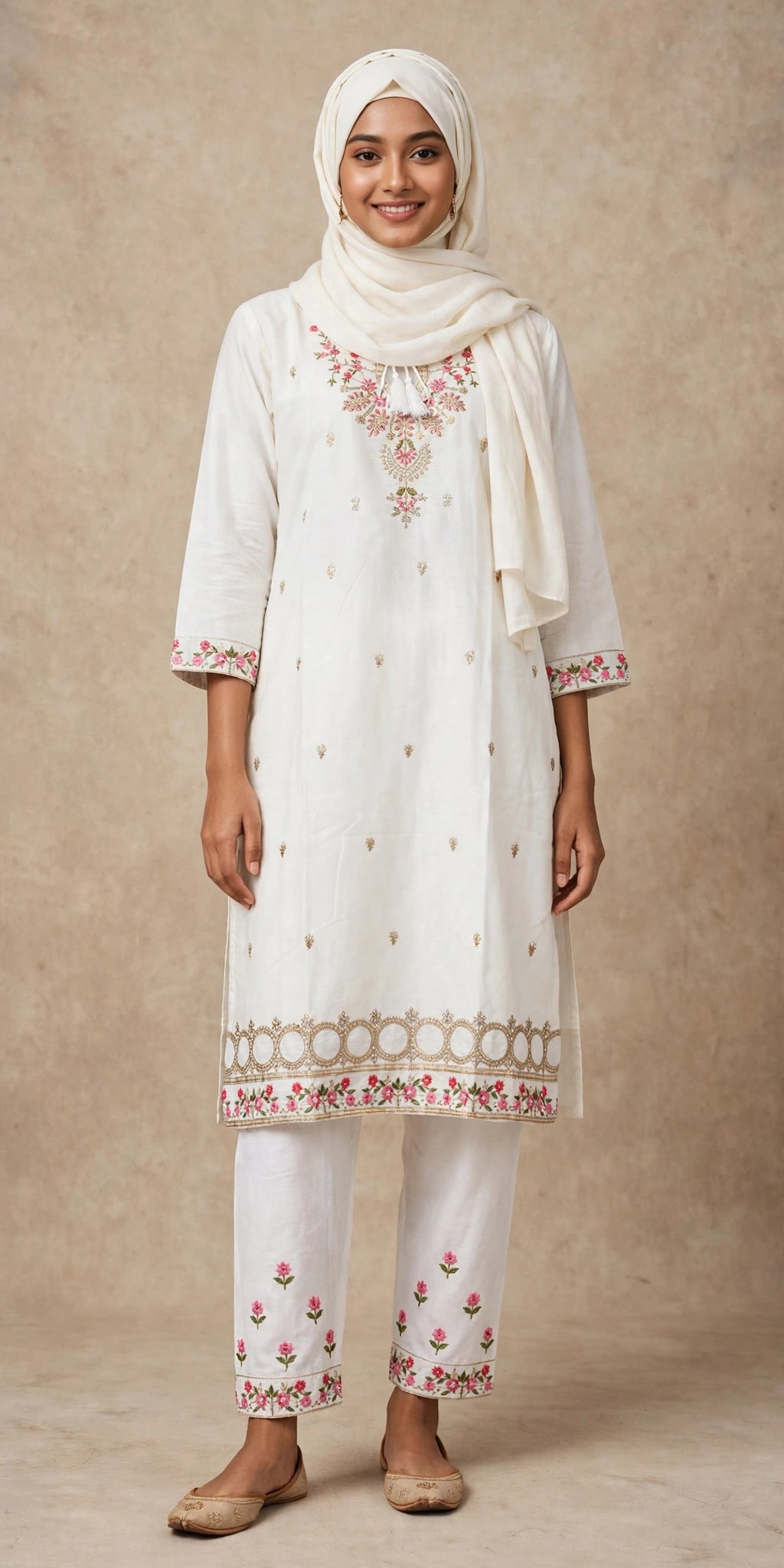 Gulnahar Ivory Rosette – Floral Embroidered 2 Piece Set, Premium Cotton