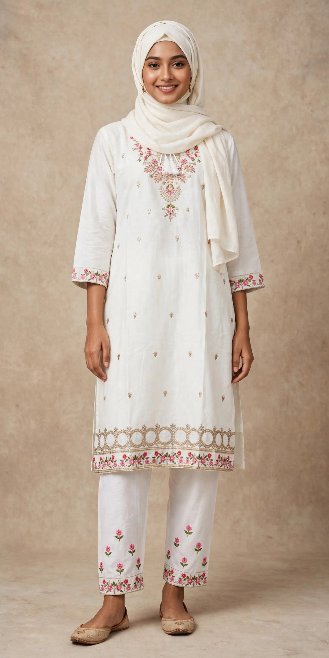 Gulnahar Ivory Rosette – Floral Embroidered 2 Piece Set, Premium Cotton
