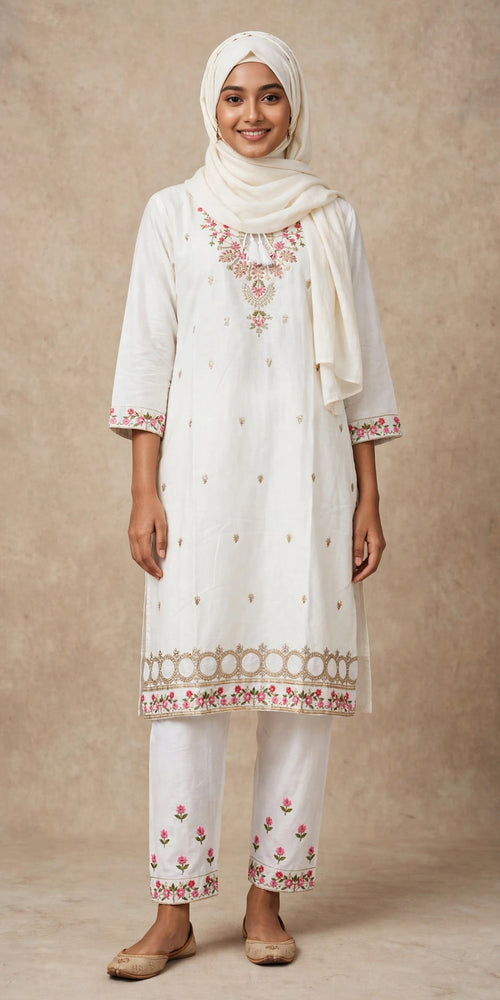 Gulnahar Ivory Rosette – Floral Embroidered 2 Piece Set, Premium Cotton