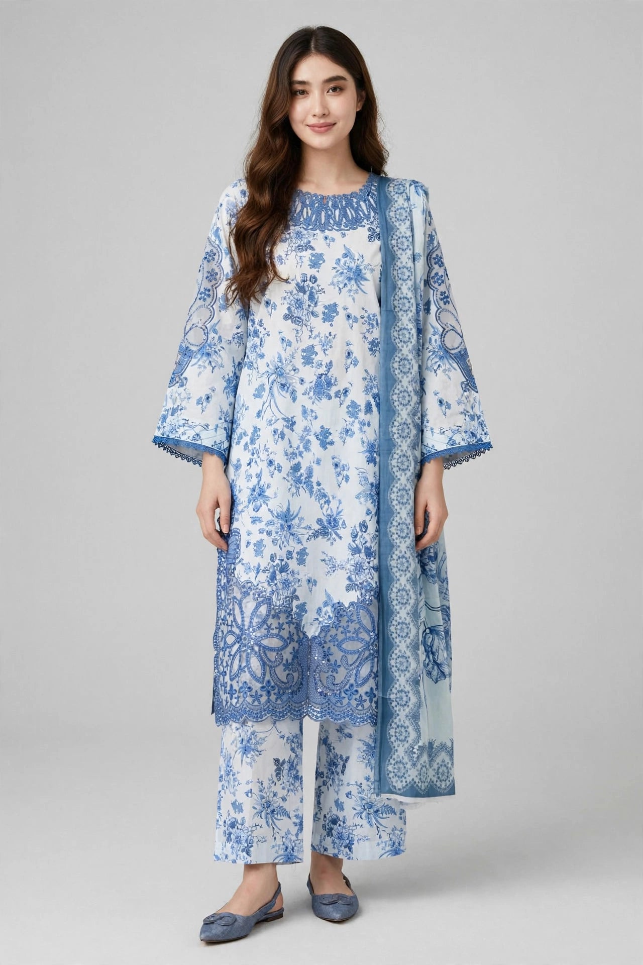 Gulnahar Porcelain Blue – Floral Printed 3 Piece Set, Premium Cotton