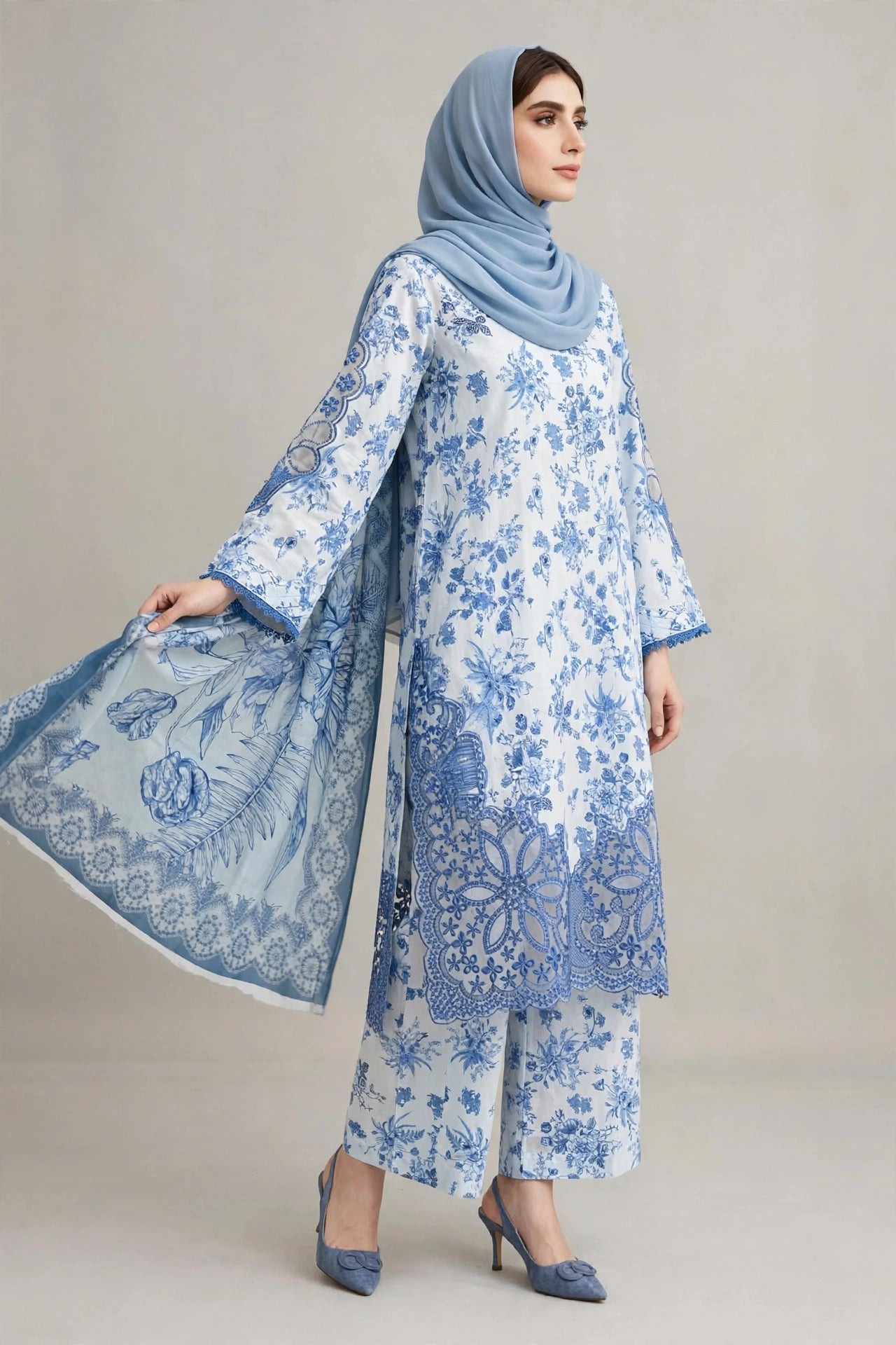 Gulnahar Porcelain Blue – Floral Printed 3 Piece Set, Premium Cotton