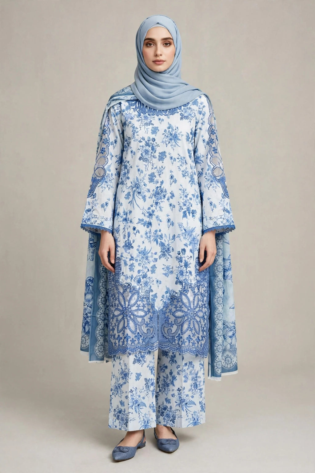 Gulnahar Porcelain Blue – Floral Printed 3 Piece Set, Premium Cotton