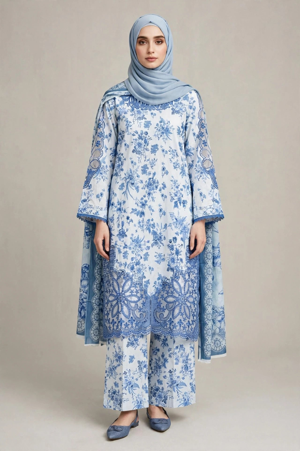 Gulnahar Porcelain Blue – Floral Printed 3 Piece Set, Premium Cotton