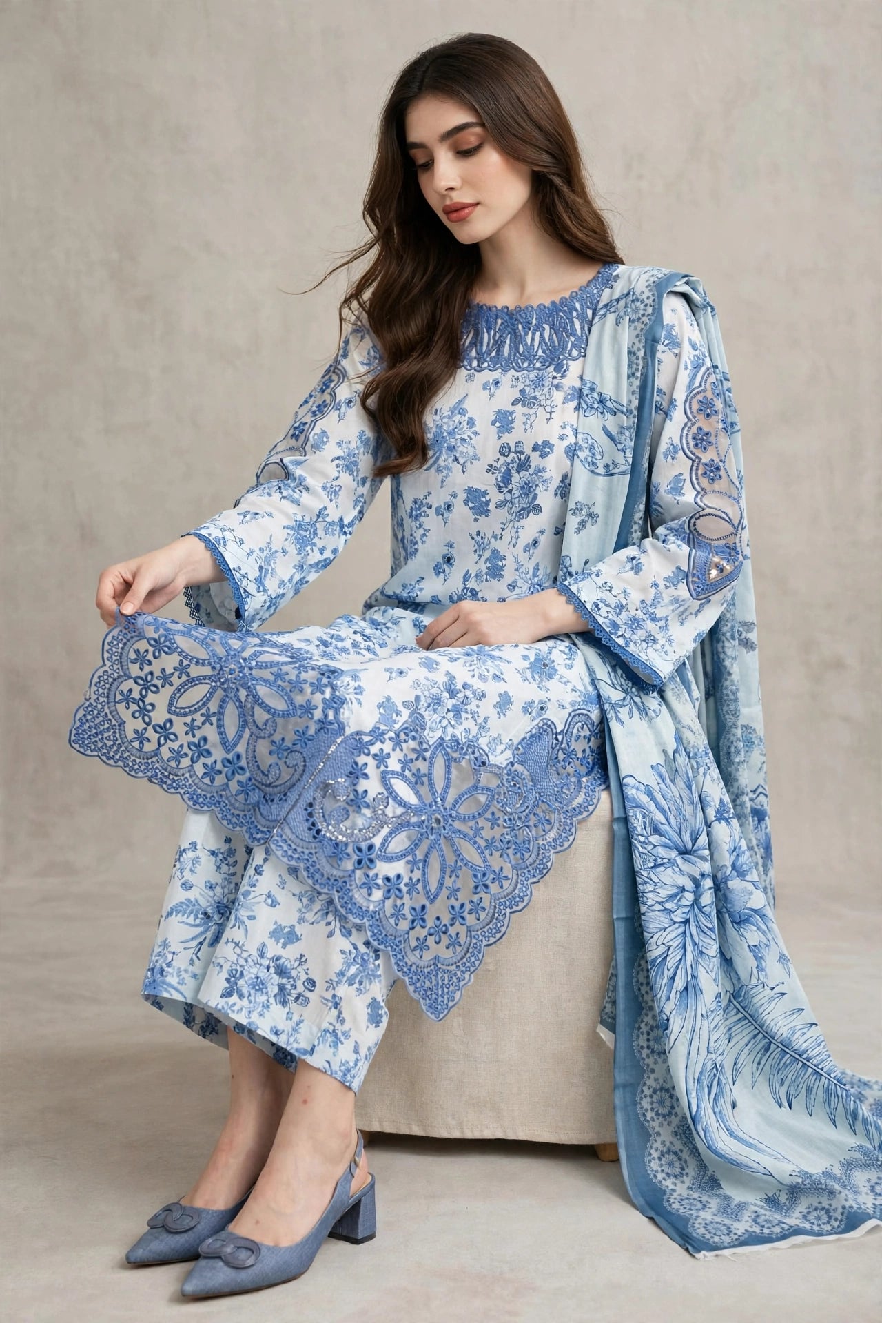 Gulnahar Porcelain Blue – Floral Printed 3 Piece Set, Premium Cotton