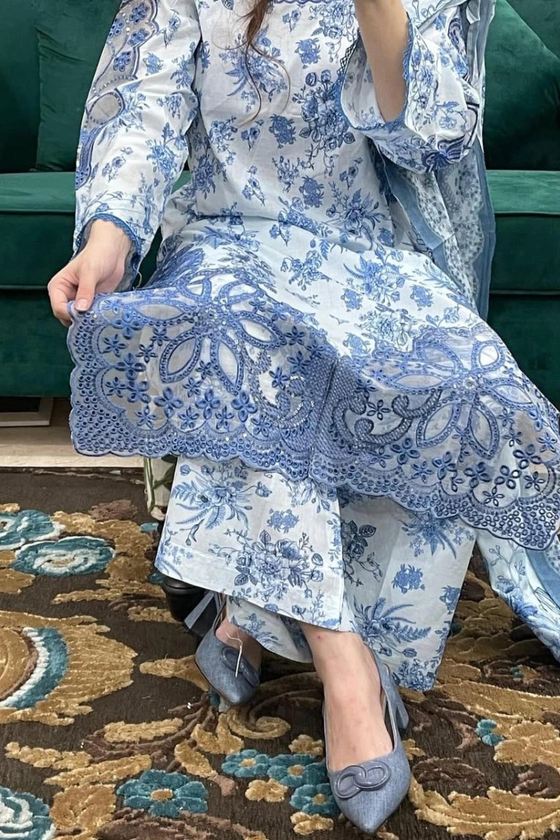 Gulnahar Porcelain Blue – Floral Printed 3 Piece Set, Premium Cotton
